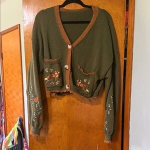 Olive Green V-Neck Embroidered Fox Pocket Women's Cardigan Sweater